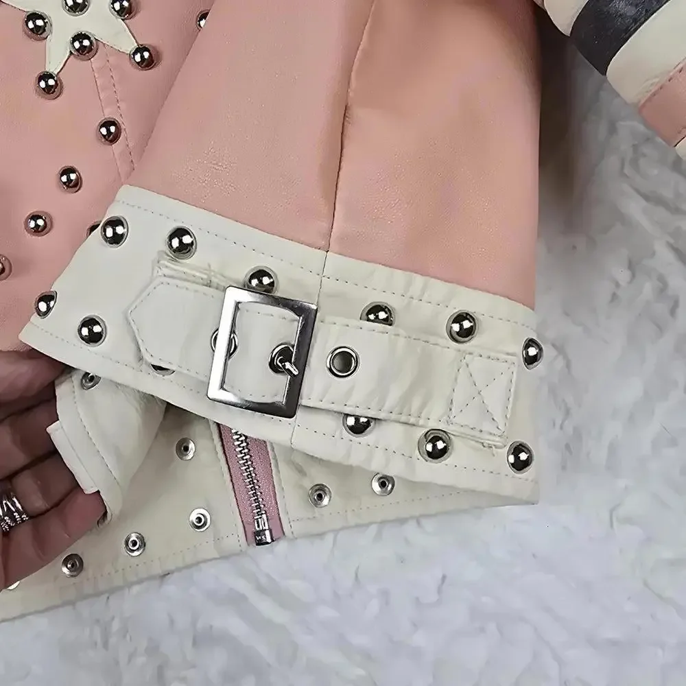 Urban Outfitters Pink and Cream Studded Leather Jacket